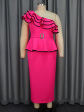 Fashionable Ruffled Sleeveless Dress Party Contrast Color Diagonal Collar High Waist Dress